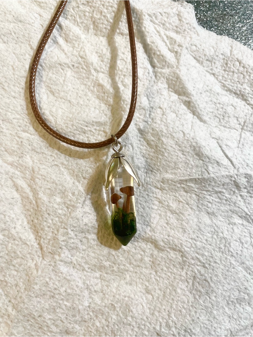 Handmade Glass With REAL Mushrooms and Moss Pendant Necklace